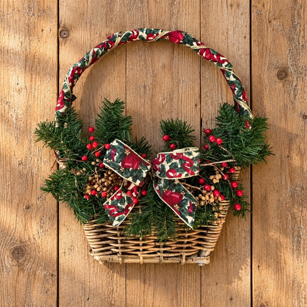 Vintage Christmas Wicker Basket Wreath Red Berries Poinsettia Bow 17x15